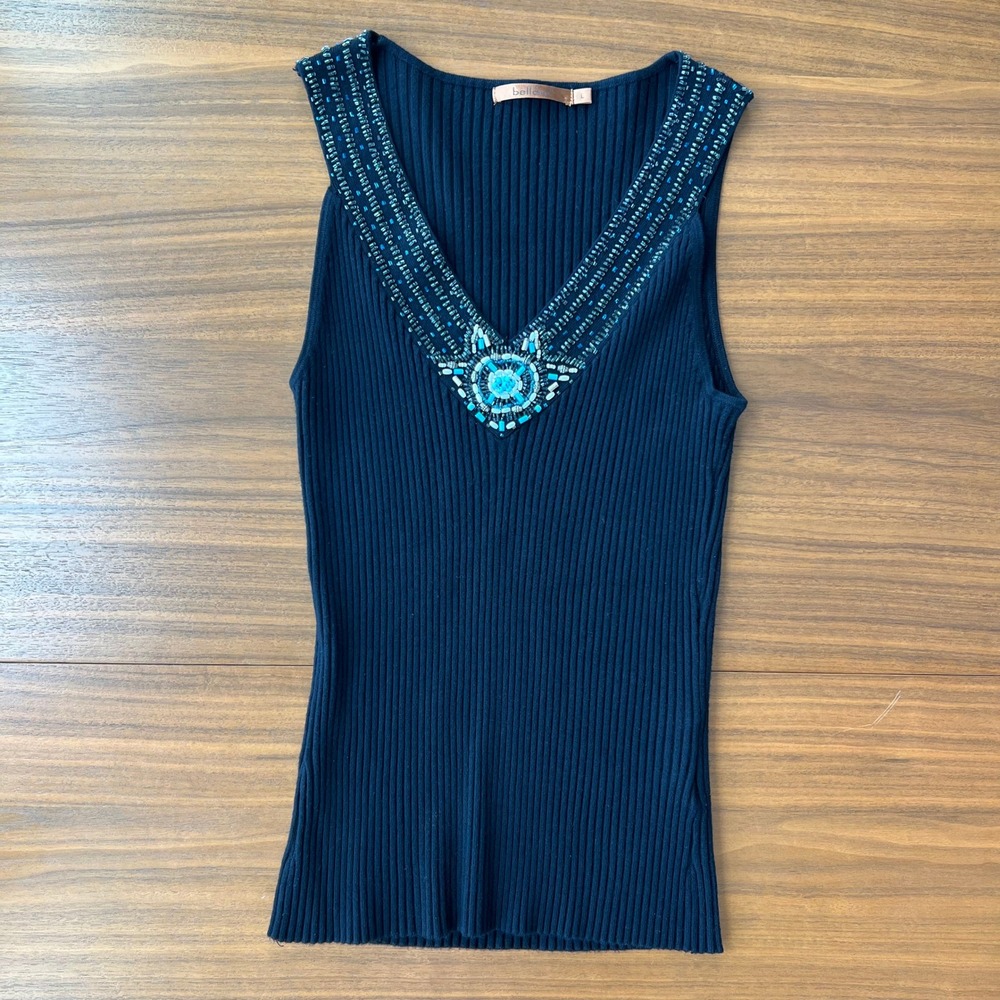 90s Vintage Y2K Belldini Beaded V Neck Ribbed Tank Top Turquoise Boho Chic Large
